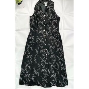 Coldwater Creek  Sz 16 Long Black Linen Bld Floral Embroidered Maxi Shirt Dress